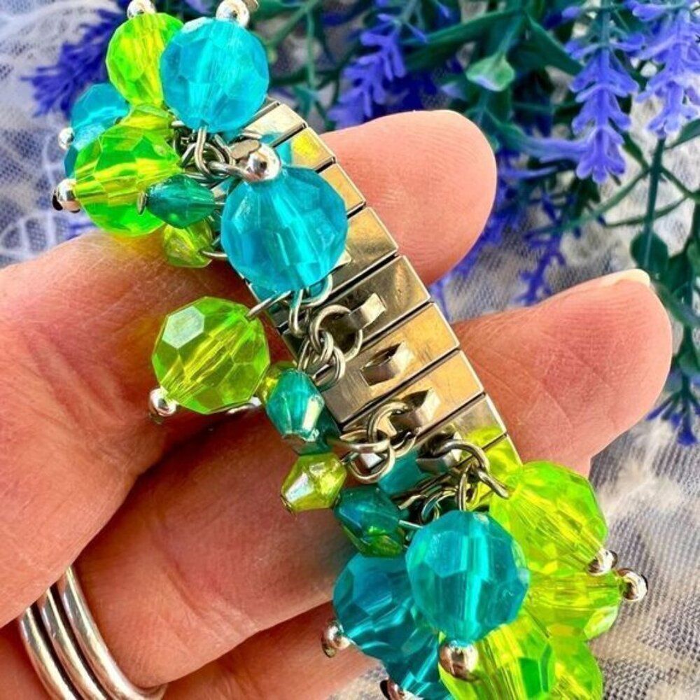 Vintage Green & Blue Acrylic Bead Watchband Chacha Bangle - Picture 7 of 8